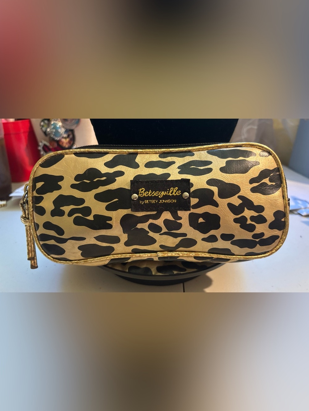 Betseyville by Betsey Johnson metallic gold leopard print cosmetic case